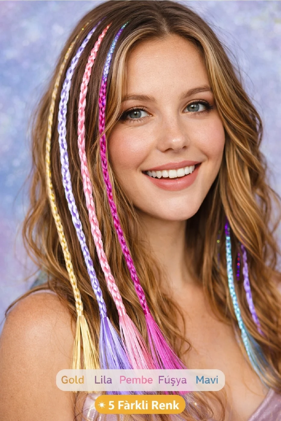 Hair Tinsel Saç Simi Seti (5’li) – Renkli Parlak Saç Aksesuarı gorsel 6