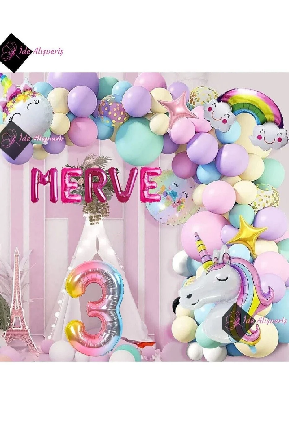 5 Harfli 3 Yaş Gökkuşağı Konsepti Unicorn Temalı Makaron Balon Doğum Günü Parti Kutlama Seti gorsel 3