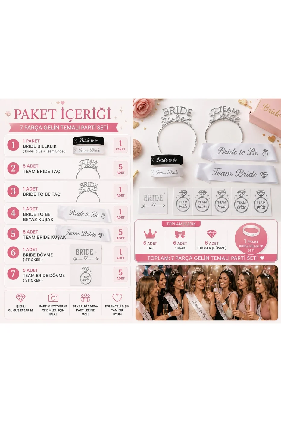 Bride Team Bride 7 Parça Bekarlığa Veda Parti Seti | Bride To Be Taç ve Kuşak, Team Bride Taç, Kuşak, Bileklik ve Dövme Organizasyon Seti gorsel 4