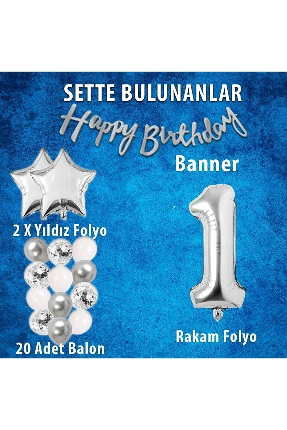 Gümüş Konsept Doğum Günü Kutlama Seti Beyaz Gümüş Konfetili Balon Rakam Yıldız Folyo Ve Banner gorsel 2