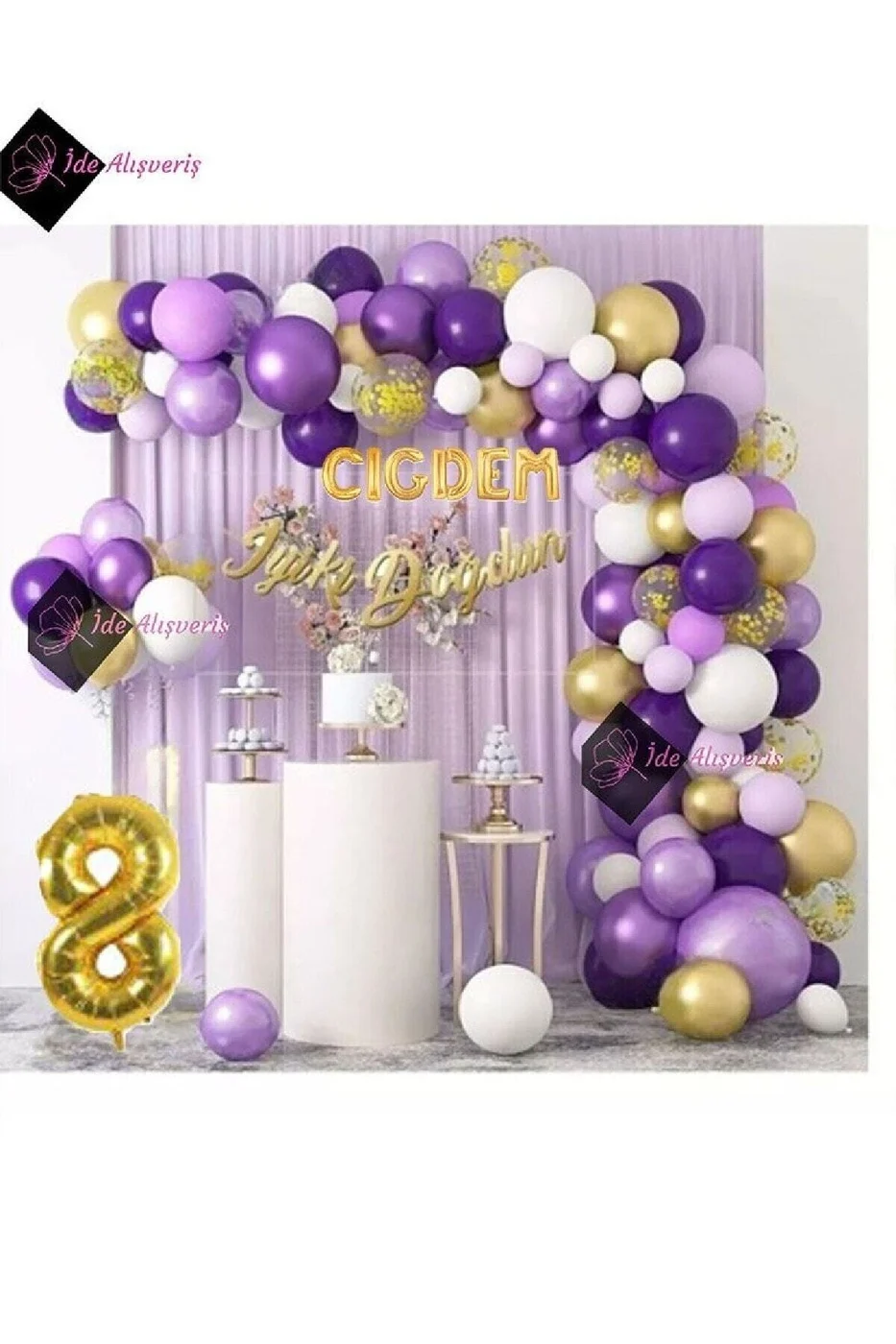 6 Harf İsimli 8 Yaş Macaron Mor Balon Zinciri Seti Gölge Mor Altın Balon Dekorasyon gorsel 3