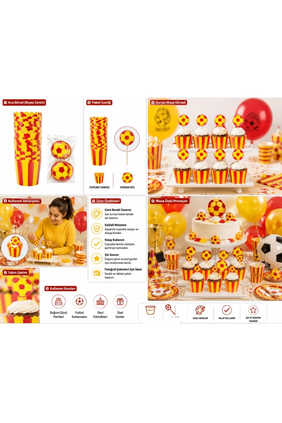 Sarı Kırmızı Cupcake Kalıbı ve Kürdan Süs Seti 16 Parça – 8 Cupcake Kalıbı + 8 Futbol Kürdan Doğum Günü Parti Malzemesi gorsel 5