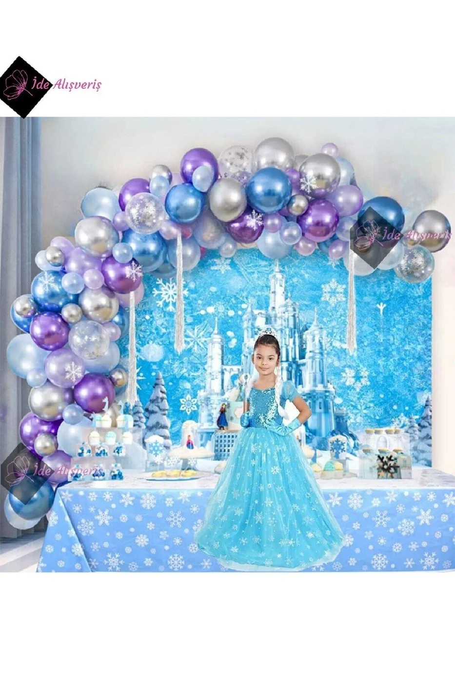 Elsa Kostümlü Ve 70 Balonlu Doğum Günü Konseptli Doğum Günü Süsü