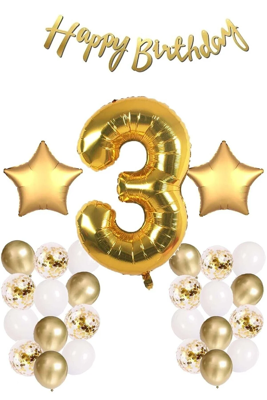 Gold Konsept Doğum Günü Kutlama Seti; Beyaz Gold Konfetili Balon, Rakam Yıldız Folyo Ve Banner
