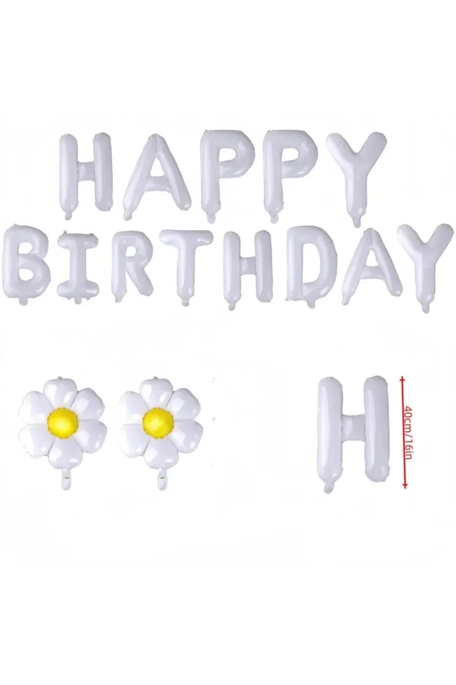 Beyaz Renk Happy Folyo Balonları Pankart Seti, 2 Papatya Balonu ile gorsel 2