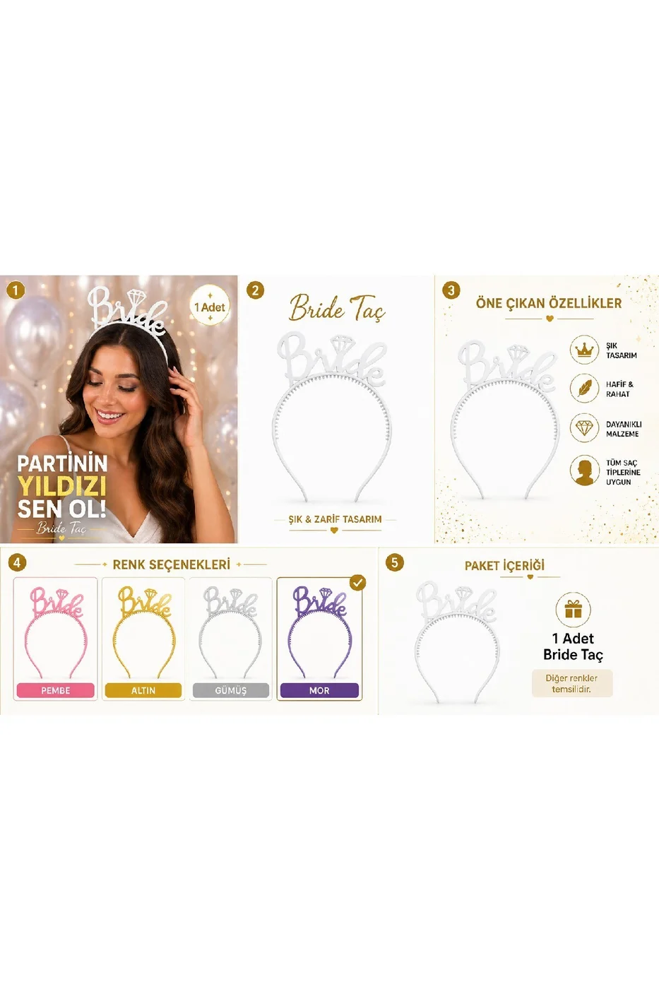 Bride Taç Parti Tacı, Bekarlığa Veda İçin Bride Tacı (Altın, Gümüş, Pembe, Mor Beyaz Siyah) gorsel 3