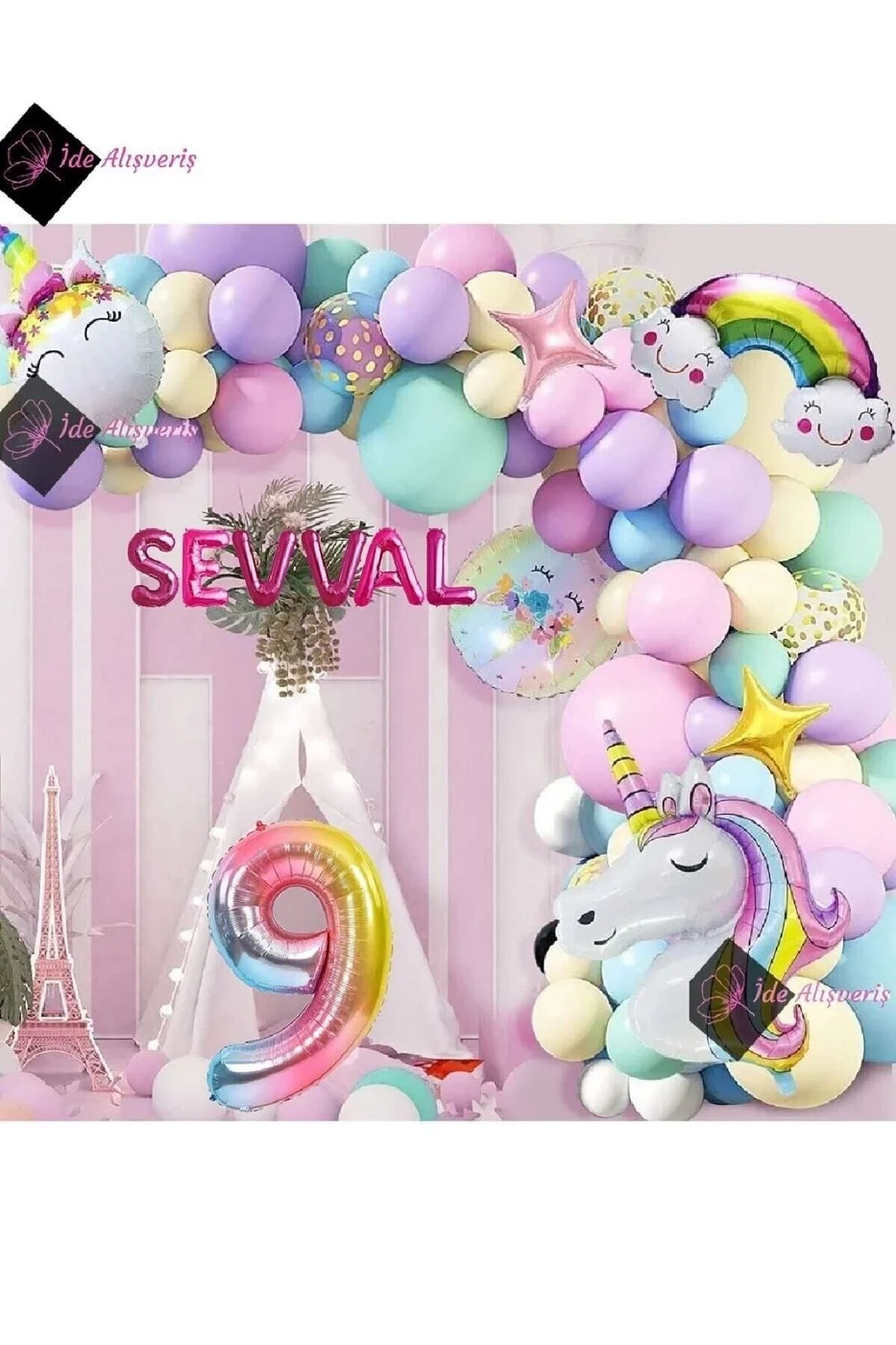 6 Harfli 9 Yaş Gökkuşağı Konsepti Unicorn Temalı Makaron Balon Doğum Günü Parti Kutlama Seti