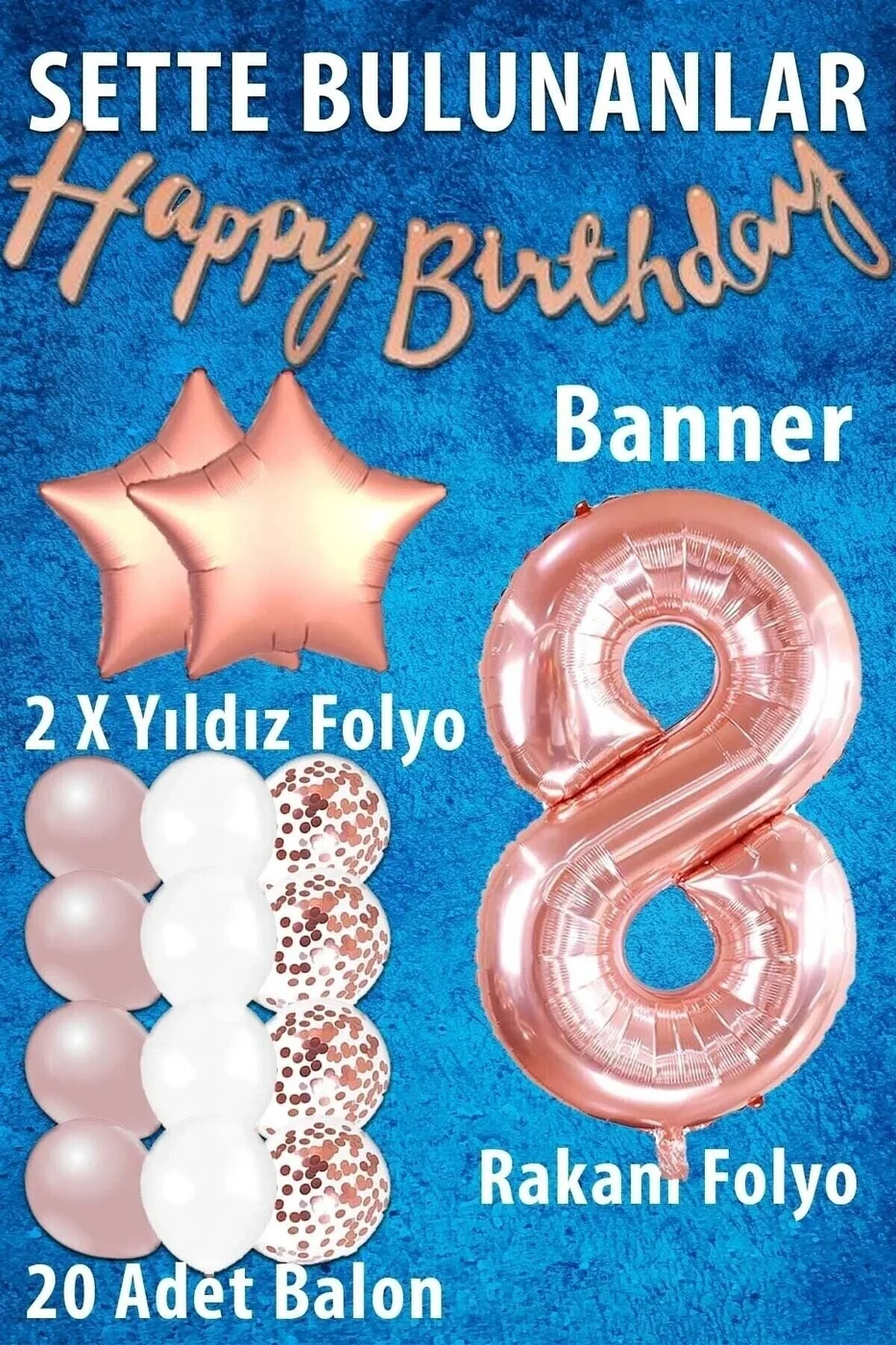 Rose Gold Konsept Yaş Doğum Günü Kutlama Seti; Beyaz Gold Konfetili Balon, Rakam Yıldız gorsel 2
