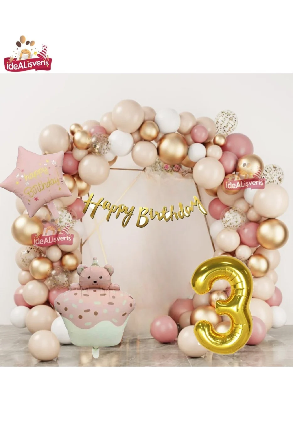 PEMBE RETRO KEK AYICIK KAFALI PEMBE RETRO YILDIZ GOLD 3 YAŞ FOLYOLU BALON DOĞUM GÜNÜ PARTİ SETİ SÜSÜ