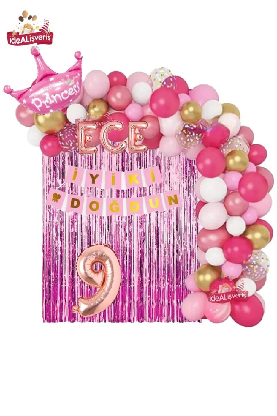 3 Harfli Rose İsimli Pembe Beyaz Konseptli Kraliçe Taçlı Doğum Günü Balon Zincir Parti Seti Süsü gorsel 8