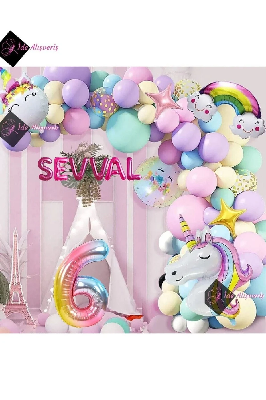 6 Harfli 6 Yaş Gökkuşağı Konsepti Unicorn Temalı Makaron Balon Doğum Günü Parti Kutlama Seti