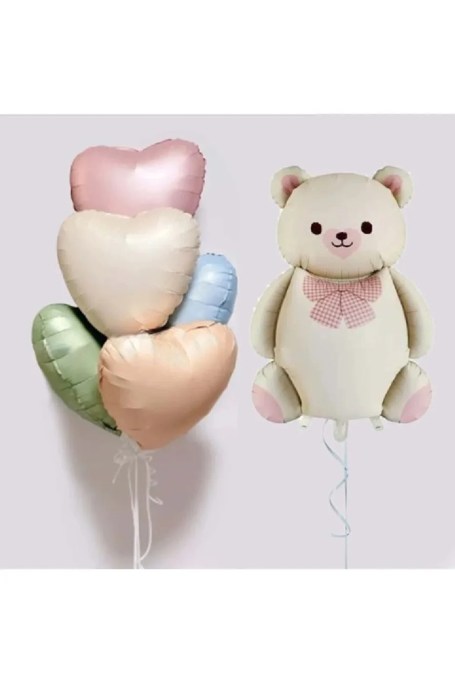 Retro Krem Papyonlu Sevimli Ayı Folyo Balon 5 Renk Kalp Folyo Balonlu Doğum Günü Parti Seti Süsü gorsel 3