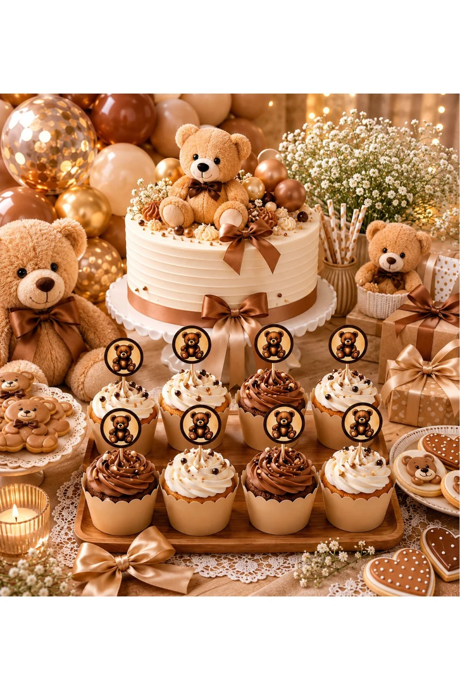 Teddy Bear Cupcake Süsü Seti | 8 Cupcake Kalıbı + 8 Ayıcık Kürdan | Baby Shower | 1 Yaş Doğum Günü | Parti Malzemeleri | 16 Parça gorsel 4