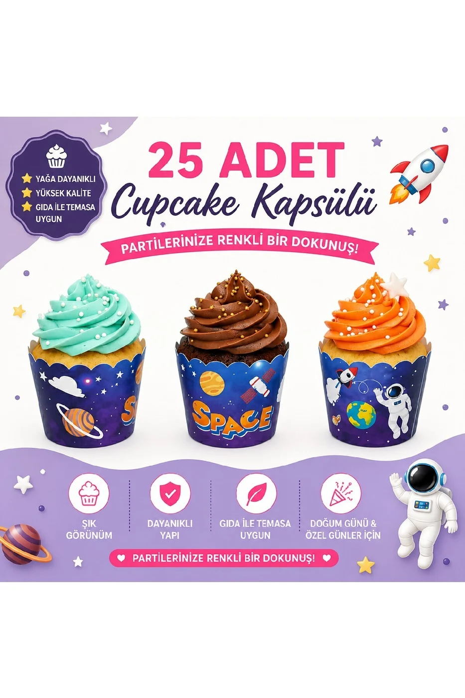 Temalı Desenli Cupcake Kapsülü 25’li – Şık Parti Muffin Kağıdı