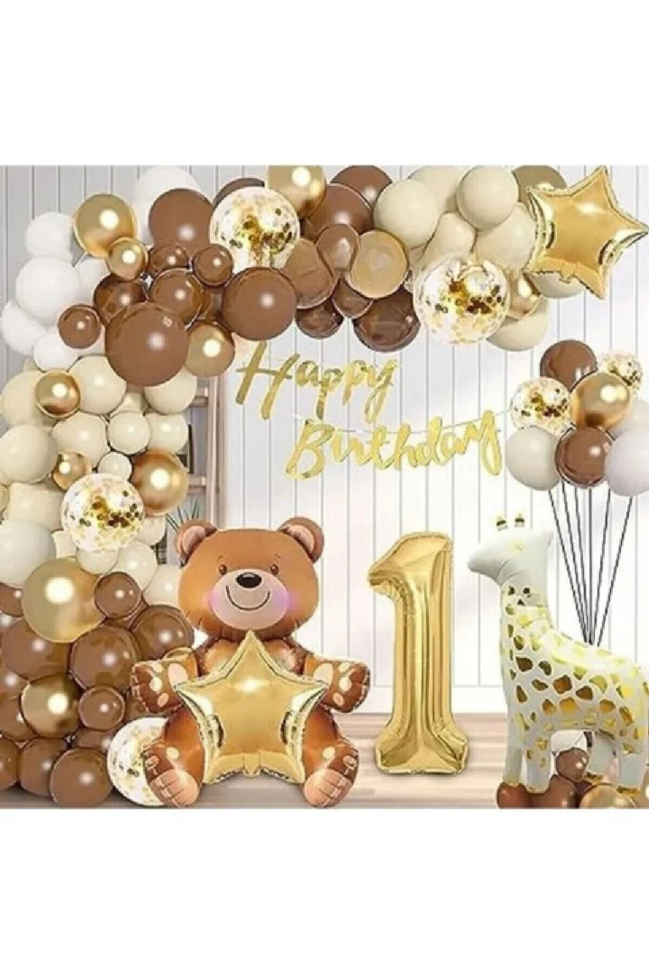 HAYVAN TEMALI FOLYO BALONLU KAHVERENGİ 1 YAŞ DOĞUM GÜNÜ PARTİ SETİ BALON SETİ gorsel 5