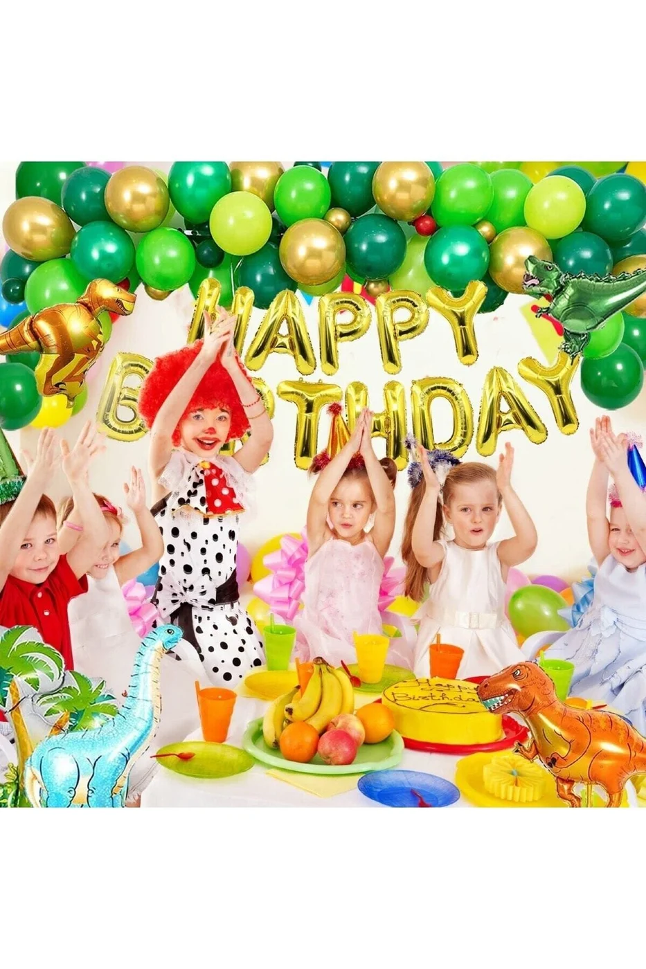 Dinazor Temalı Folyo Balon Happy Birthday Gold Folyo Doğum Günü Süsü Parti Seti gorsel 2