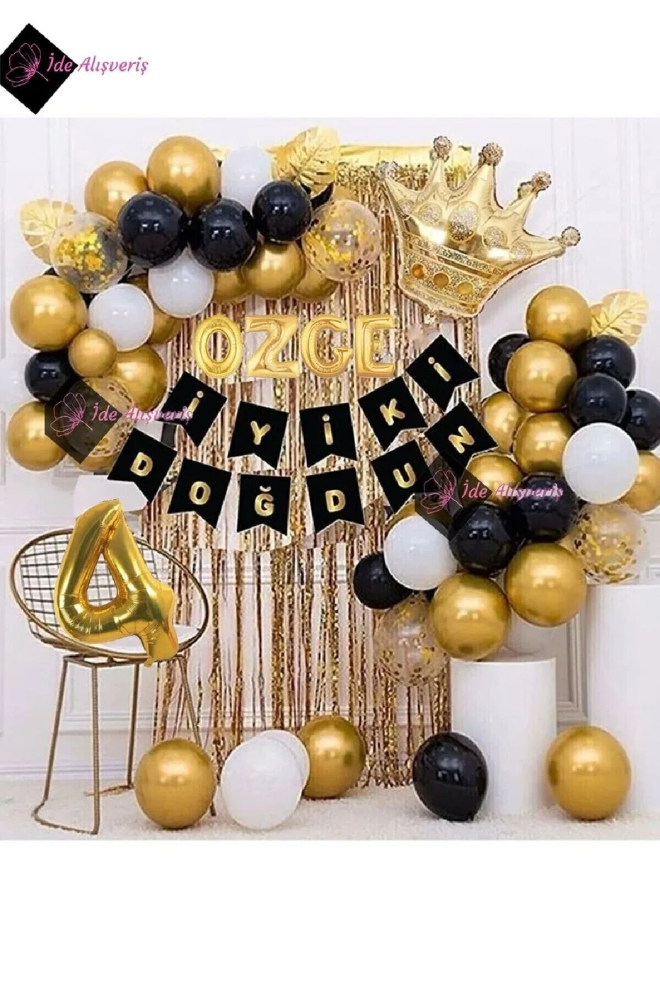 4 Harfli Isim Ve 4 Yaş, Kral Taçlı Balon Zinciri Doğum Günü Seti Iyi Ki Doğdun Doğum Günü Lüks Set