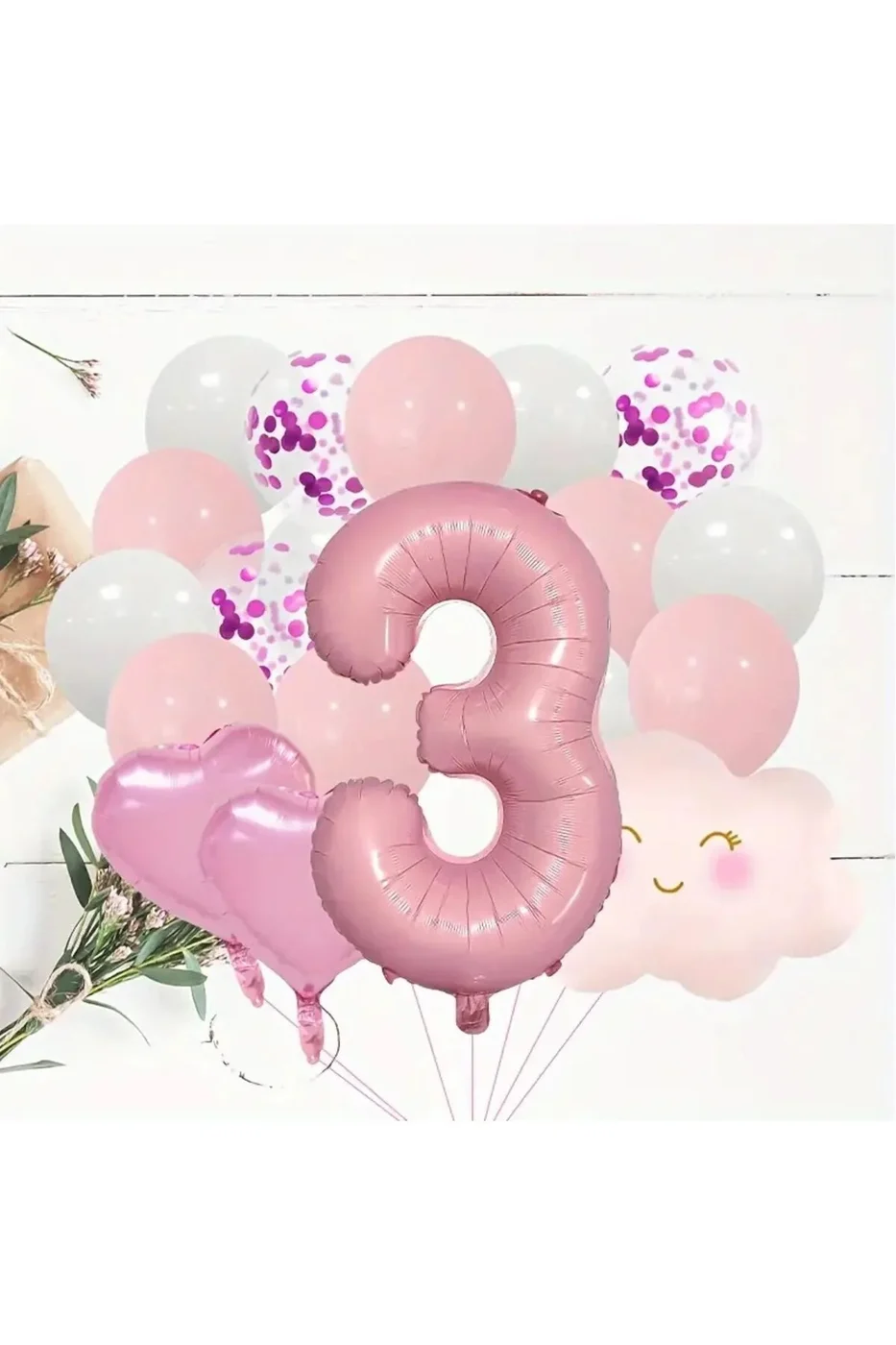 Pembe Rakam Yaş Folyo Balonlu Pembe Bulut Folyolu Doğum Günü Parti Seti Süsü