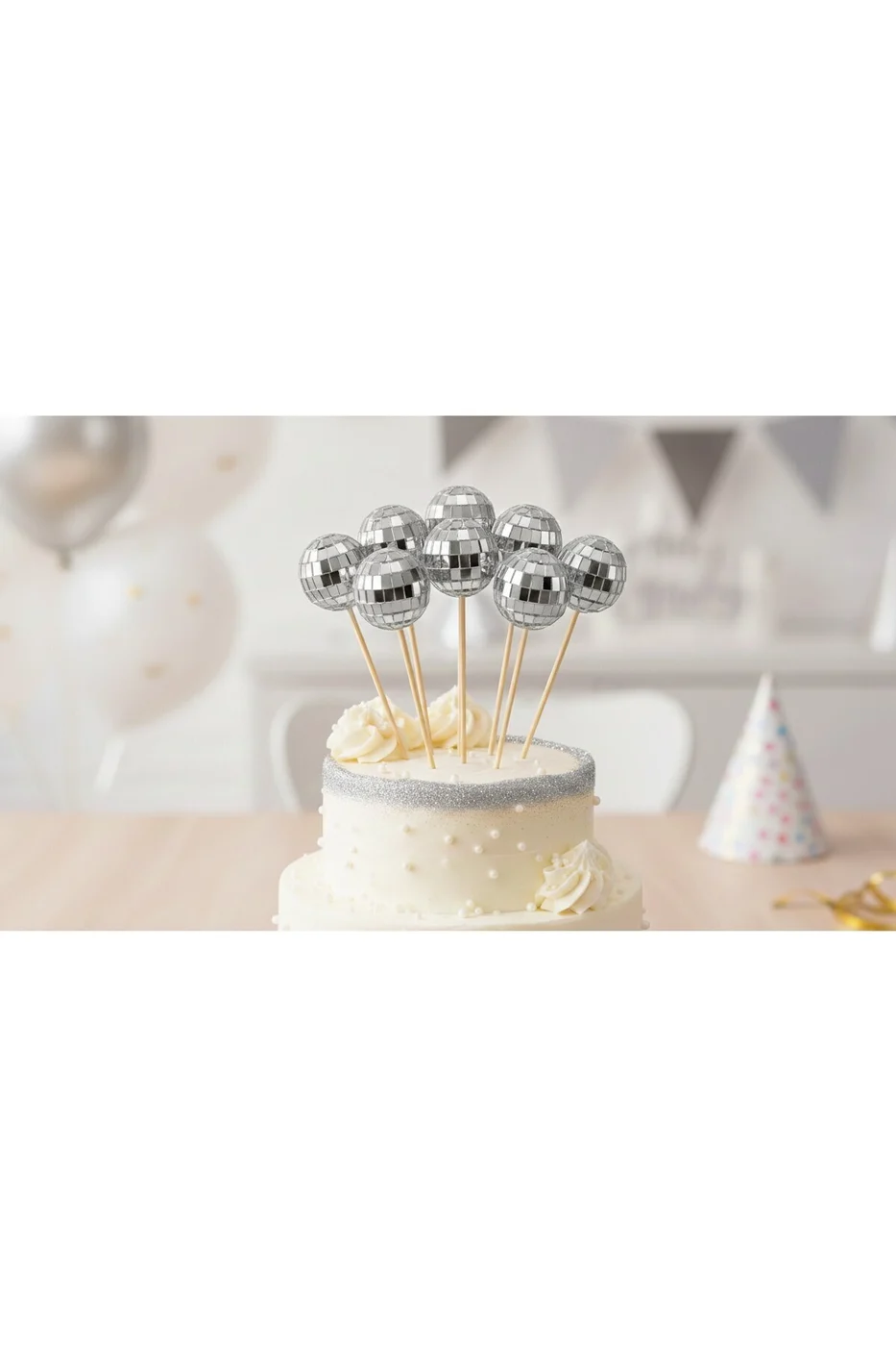 3’lü Disko Top Pasta Süsü –Gümüş Ayna Top Kürdan Seti Şık Parti Cake Topper gorsel 2