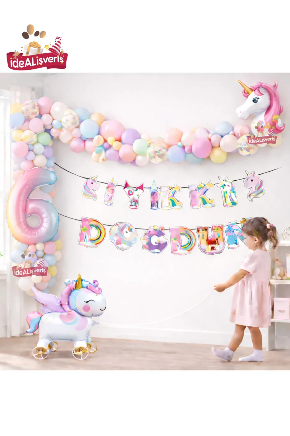 Tekerlekli Unicorn Doğum Günü Konsept Seti – Çekilebilir Folyo Yaş Balonlu Makaron Balon Zinciri