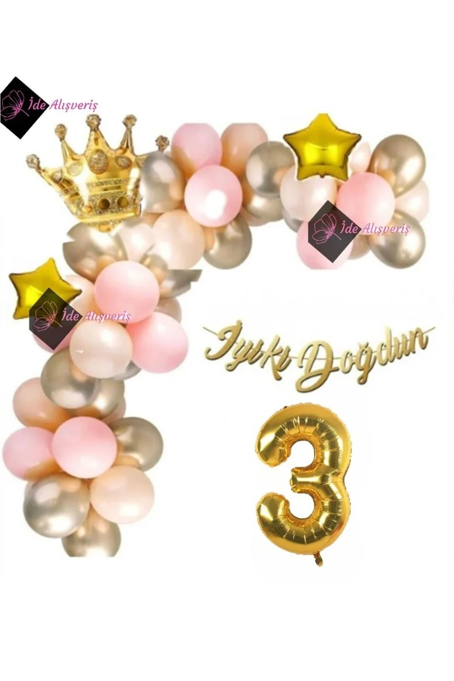 3 Yaş Lüks Doğum Günü Balon Seti Gold Pembe Doğum Günü Parti Süsü gorsel 2