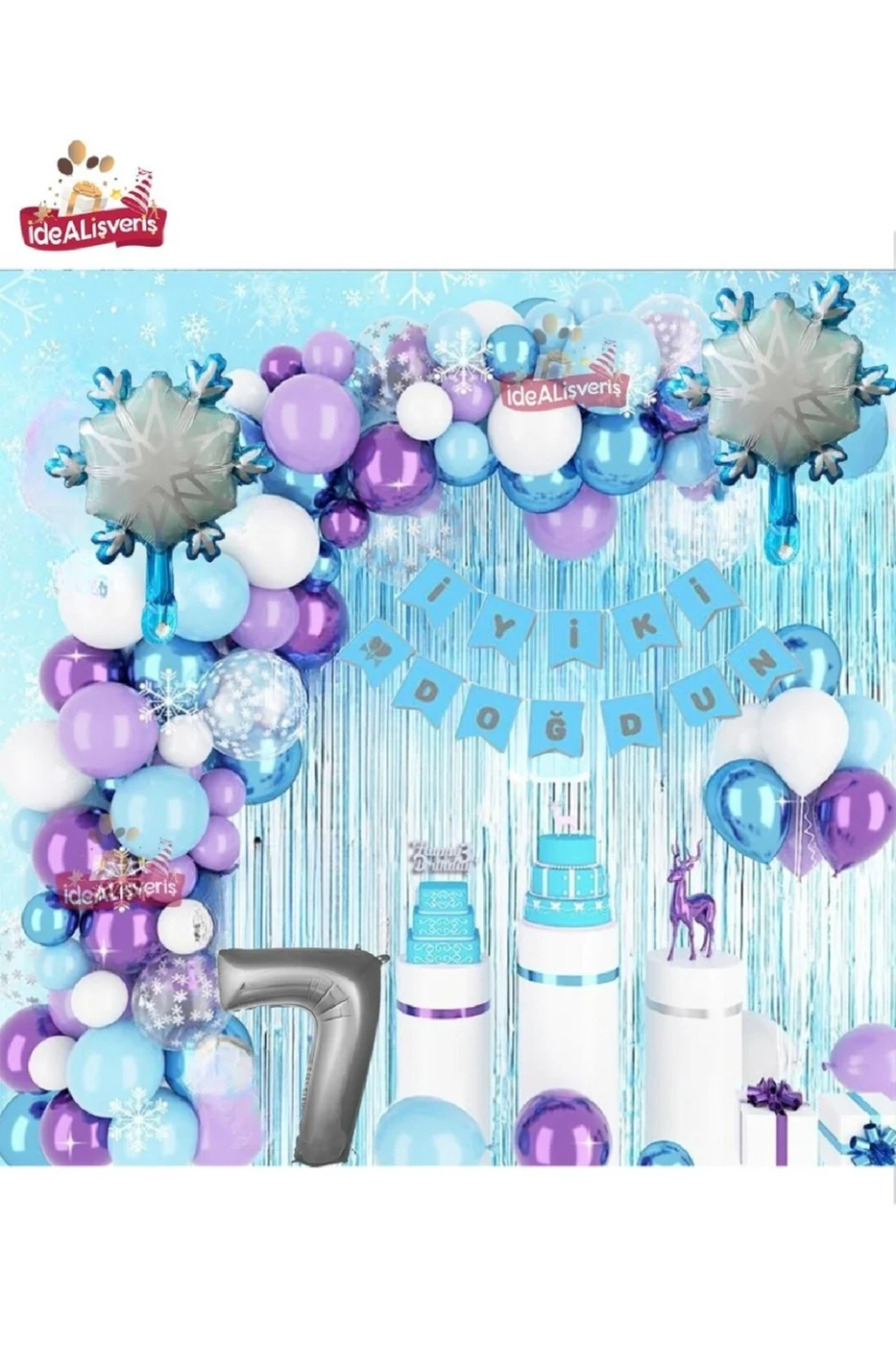 KIZ ÇOCUKLARI İÇİN LÜKS 7 YAŞ FROZEN ELSA TEMALI KAR TANESİ FOLYOLU DOĞUM GÜNÜ PARTİ SETİ SÜSÜ gorsel 2