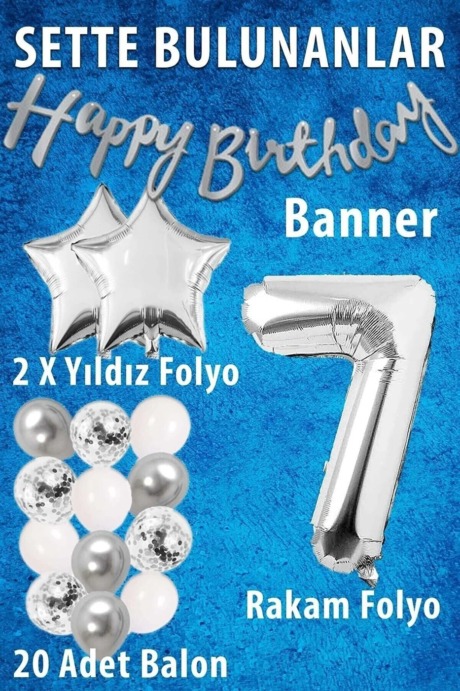 Gümüş Konsept Doğum Günü Kutlama Seti Beyaz Gümüş Konfetili Balon Rakam Yıldız Folyo Ve Banner gorsel 2