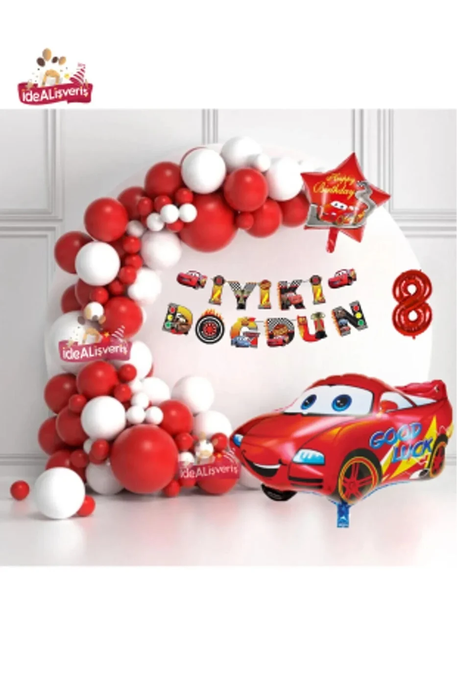 Araba Bannerli Kırmızı Araba Yıldız Folyo Balonlu Beyaz Kırmızı Konsept Doğum Günü Parti Seti Süsü