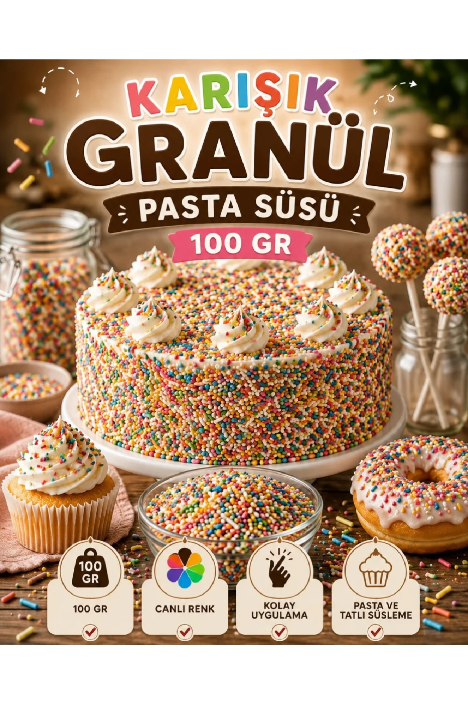 🌟 Renkli Granül Pasta Süsü 200 Gr | Pasta, Cupcake, Donut, Kurabiye ve Tatlı Süsleme Şekeri