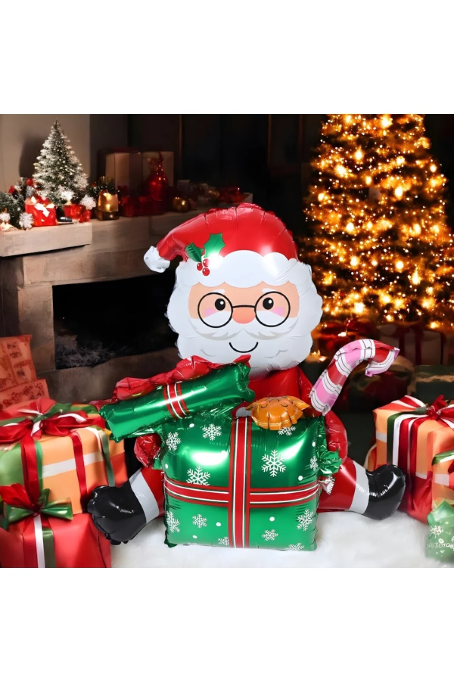 Oturan Hediye Kutulu Noel Baba Folyo Balon Yılbaşı Folyo Balon