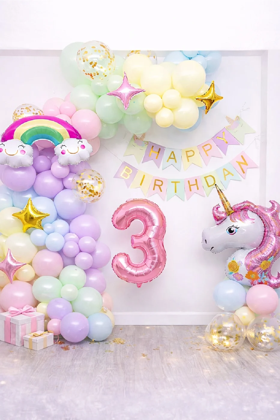 Yaş Balonlu Unicorn Temalı Pastel Doğum Günü Süsleme Seti Balon Zincirli Deluxe Parti Seti Konsepti
