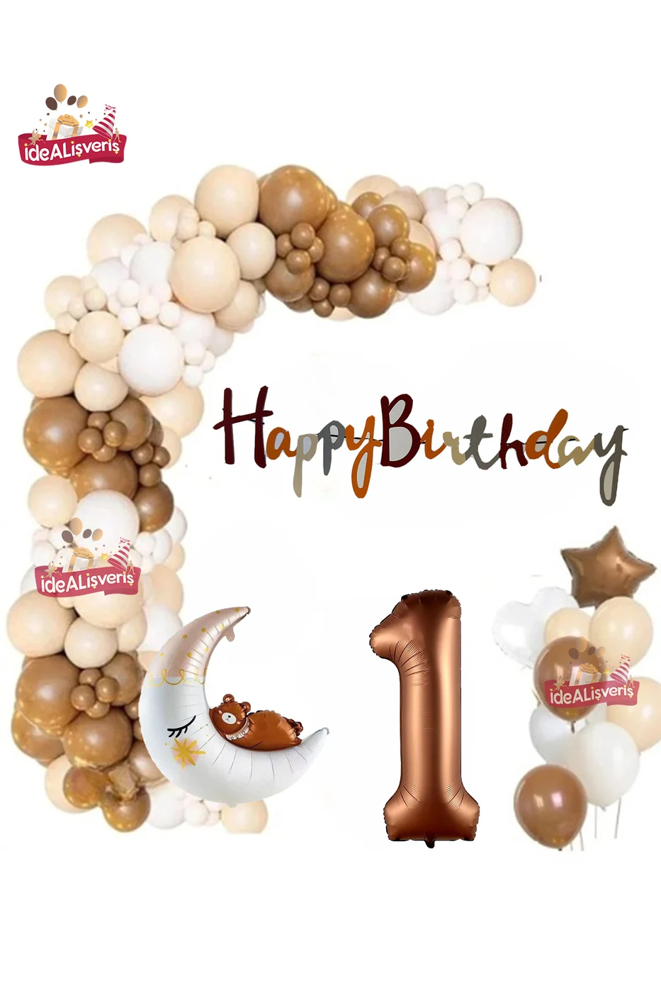 Kahverengi 1 Yaş Kalp Yıldız Ayılı Ay Folyo Balonlu Balon Zincirli Doğum Günü Parti Seti