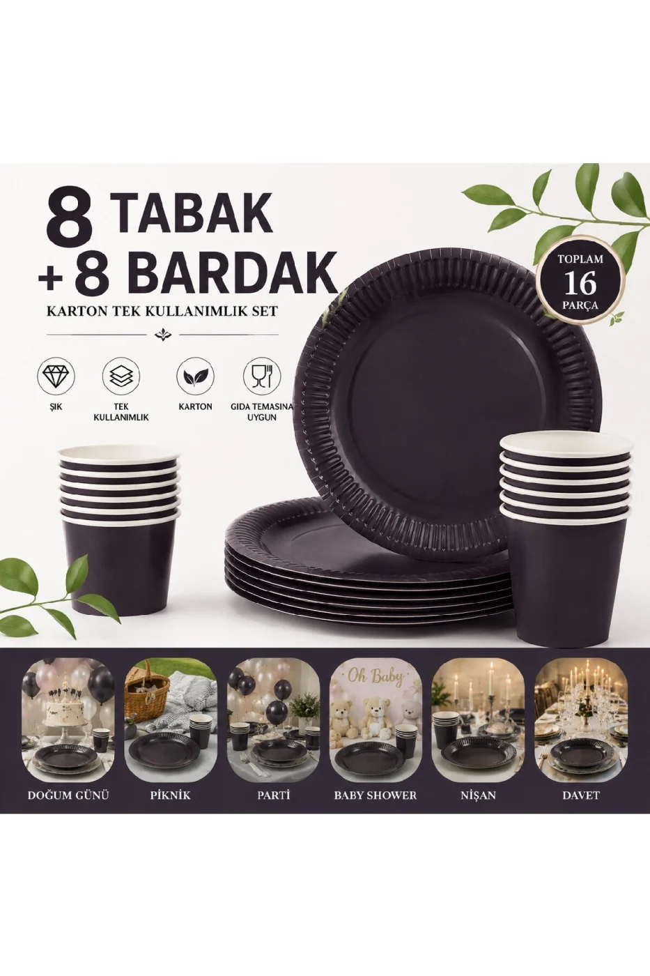 Karton Tabak Bardak Seti 8 Tabak 8 Bardak Tek Kullanımlık Doğum Günü Parti Sofra Seti | Siyah, Yeşil ve Gold Renk Seçenekleri gorsel 7