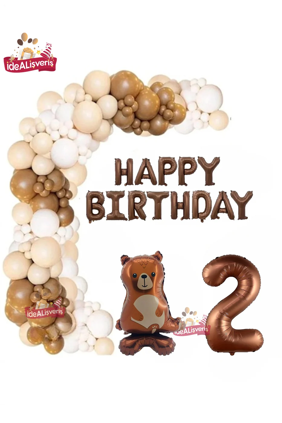 Ayaklı Ayı Happy Birthday 2 Yaş Folyo Balon Krem Beyaz Kahverengi Konsept Doğum Günü Parti Seti