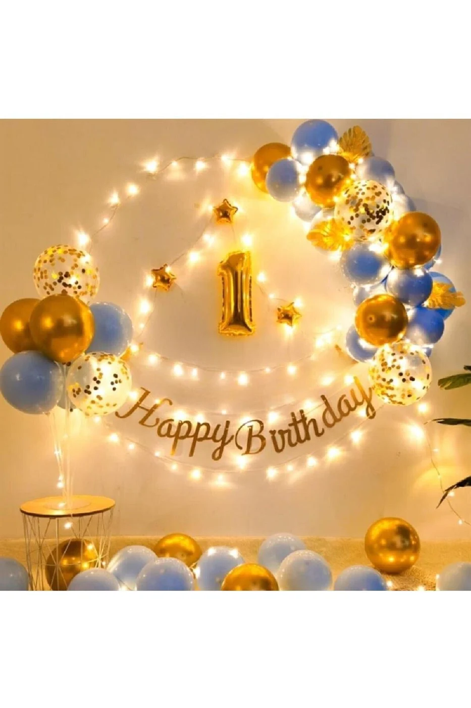Led Işıklı Gold Mavi Balon Kemer Kiti Doğum Günü PArti Seti Süsü