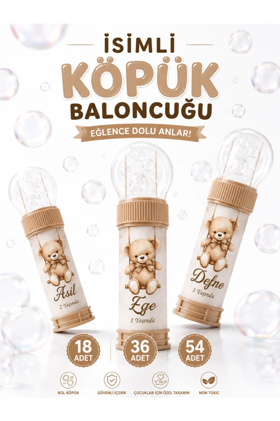 Kişiye Özel İsim Baskılı Köpük Baloncuk Bubble Oyuncağı Doğum Günü Parti Hediyeliği Ayıcıklı Tasarım 3+ Yaş gorsel 3