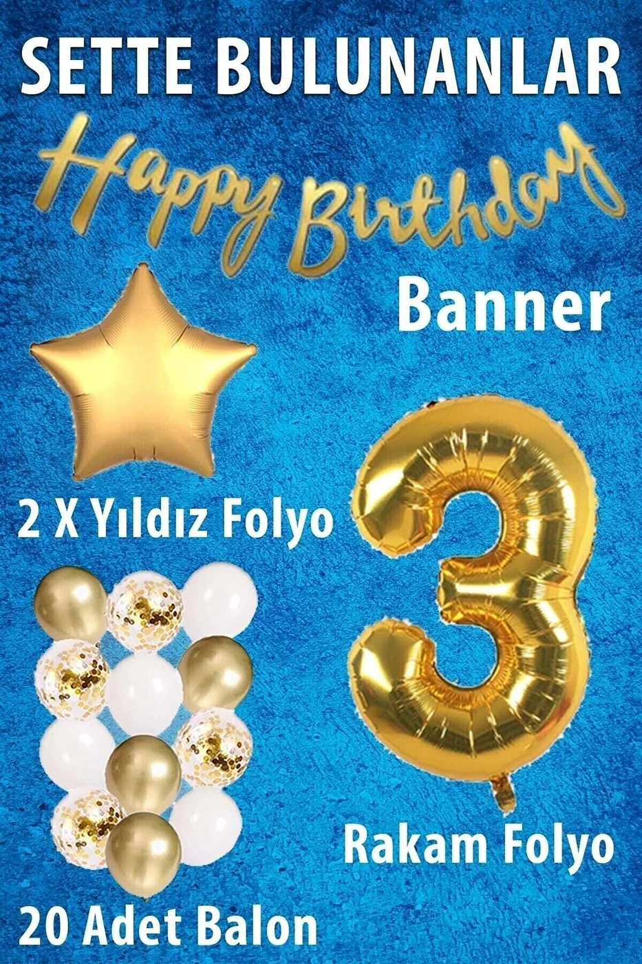 Gold Konsept Doğum Günü Kutlama Seti; Beyaz Gold Konfetili Balon, Rakam Yıldız Folyo Ve Banner gorsel 2