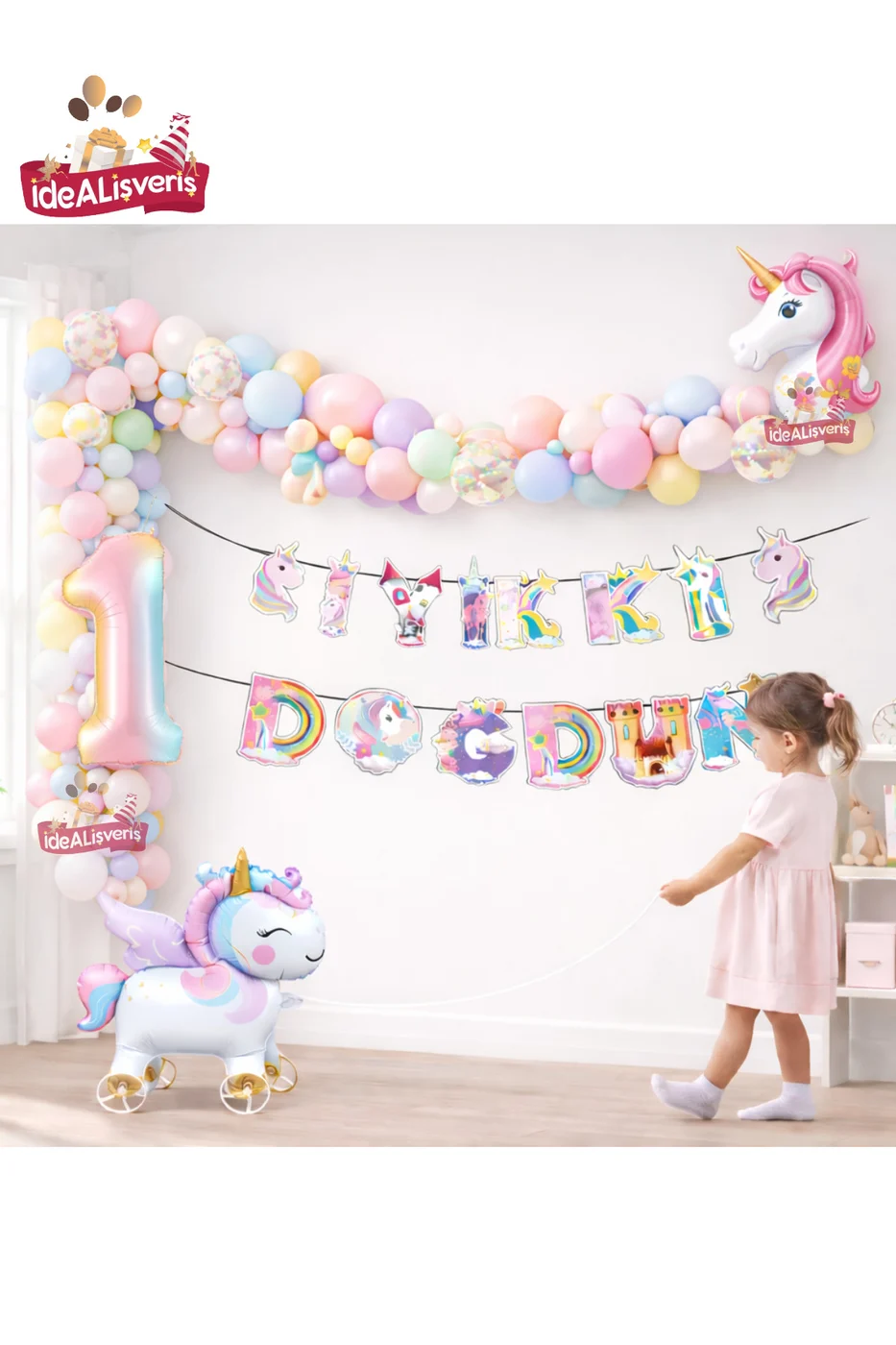 Tekerlekli Unicorn Doğum Günü Konsept Seti – Çekilebilir Folyo Yaş Balonlu Makaron Balon Zinciri