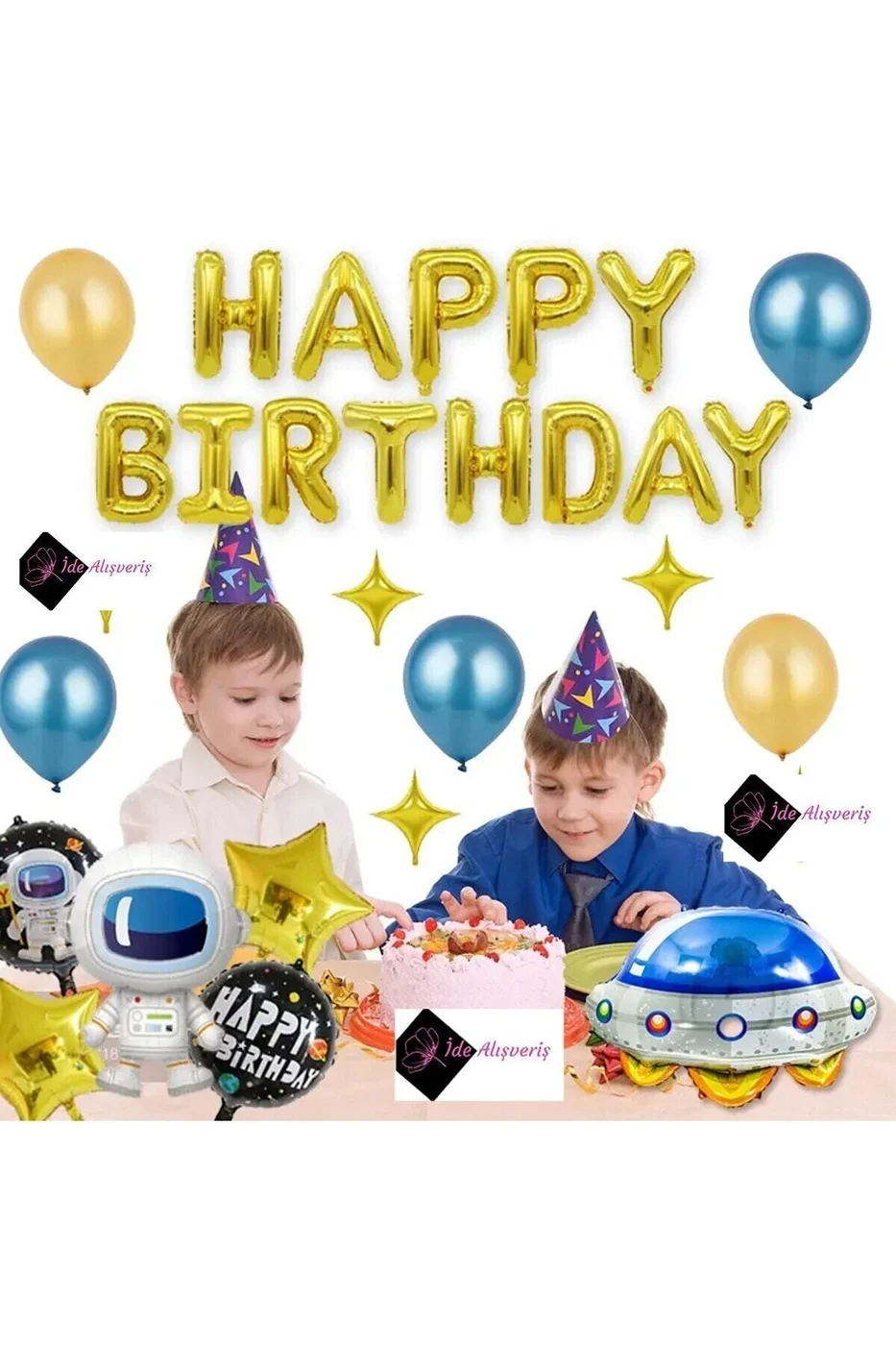 Çocuklar Bebekler için LÜKS UZAY TEMALI KONSEPTLİ HAPPY BİRTHDAY Lüks Doğum Günü Parti Seti gorsel 2