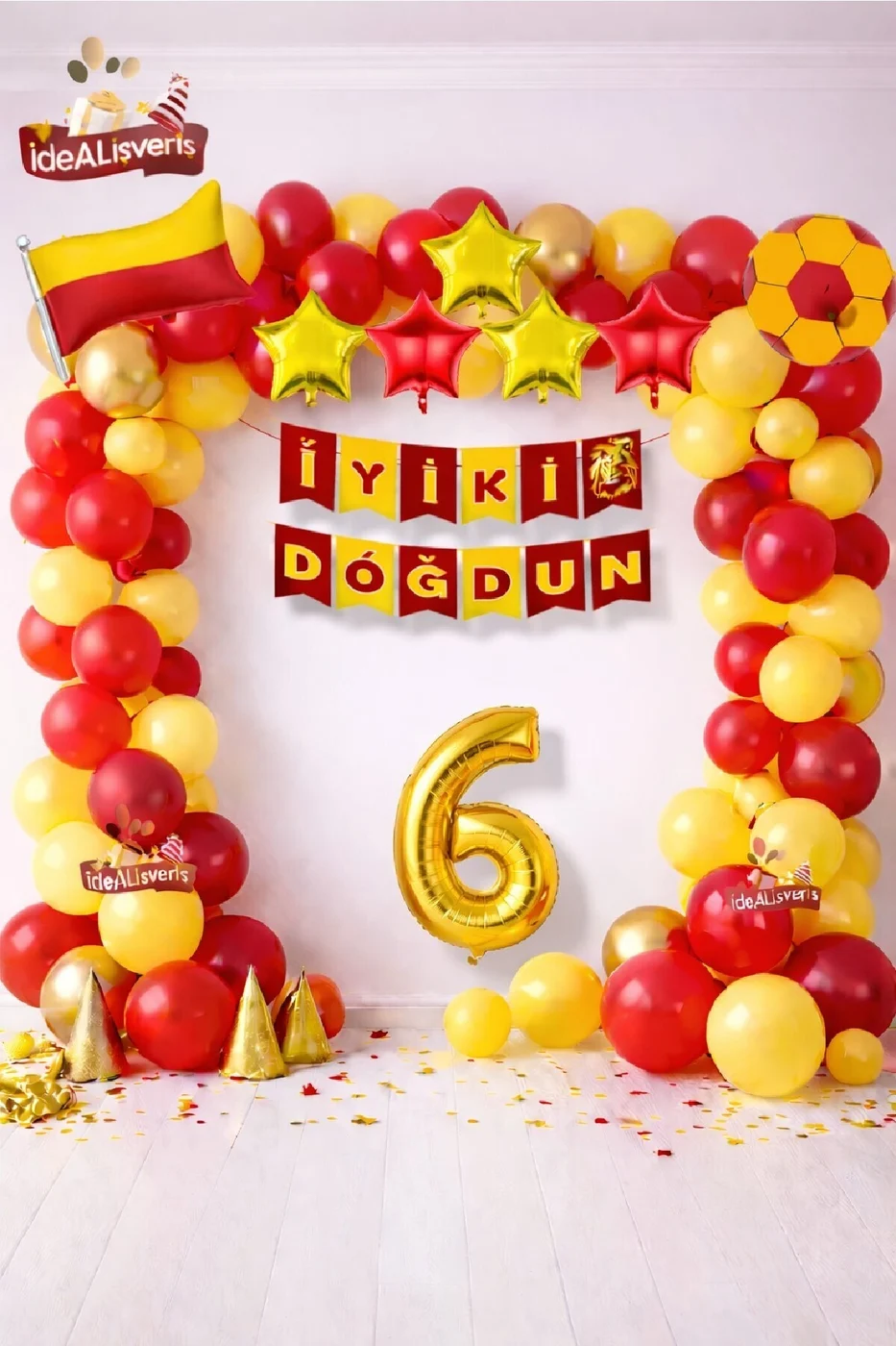 Sarı Kırmızı Bayrak Yıldız Yaş Balonlu İyiki Doğdun Doğum Günü Balon Süsleme Seti Parti Dekorasyonu