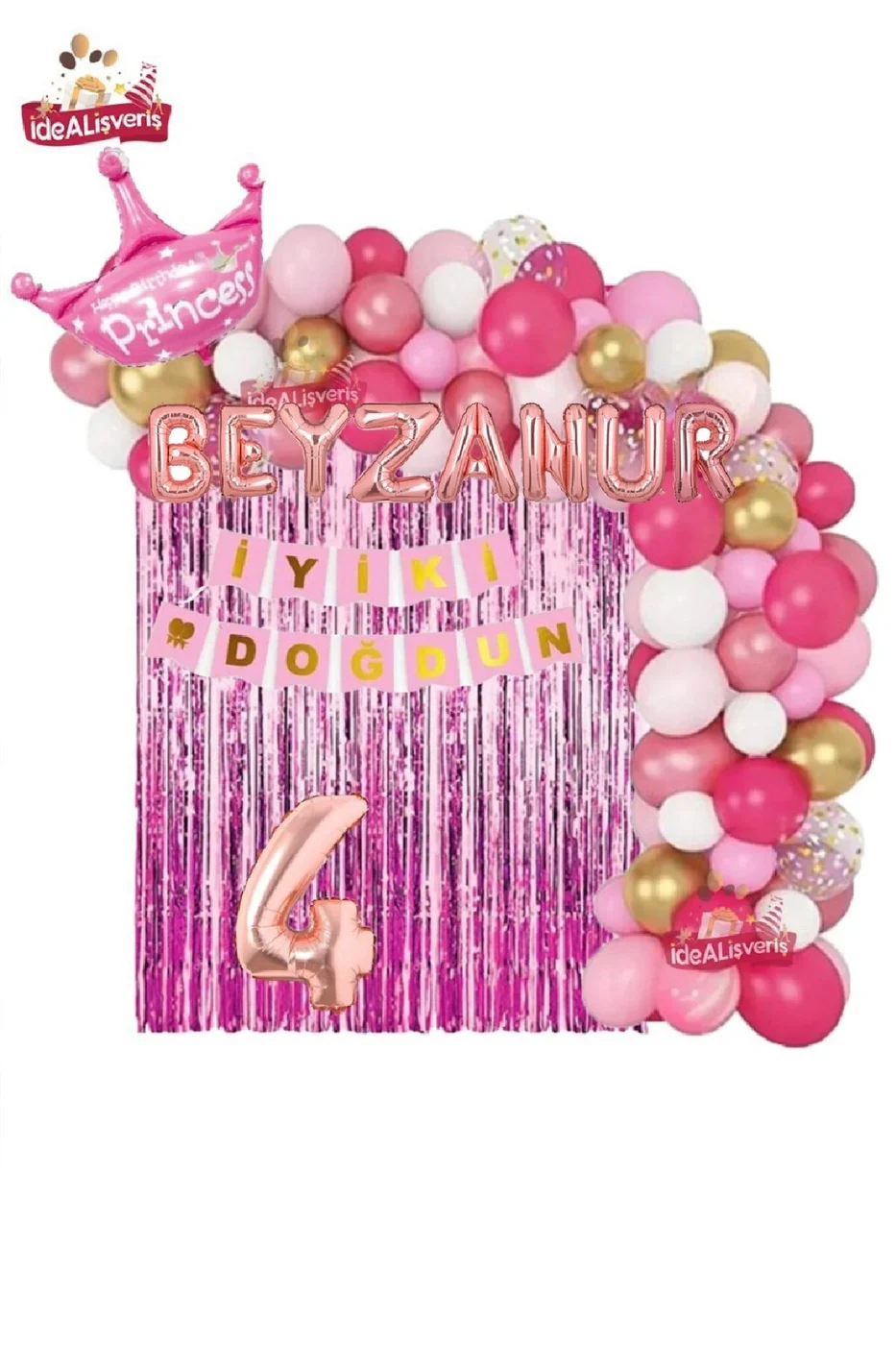 7 Harfli Rose İsimli Pembe Beyaz Konseptli Kraliçe Taçlı Doğum Günü Balon Zincir Parti Seti Süsü gorsel 4
