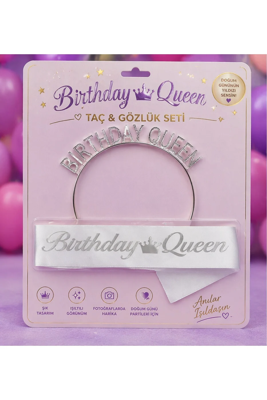 Birthday Queen Taç ve Kuşak Seti – Doğum Günü Parti Aksesuarı Gold Gümüş gorsel 3