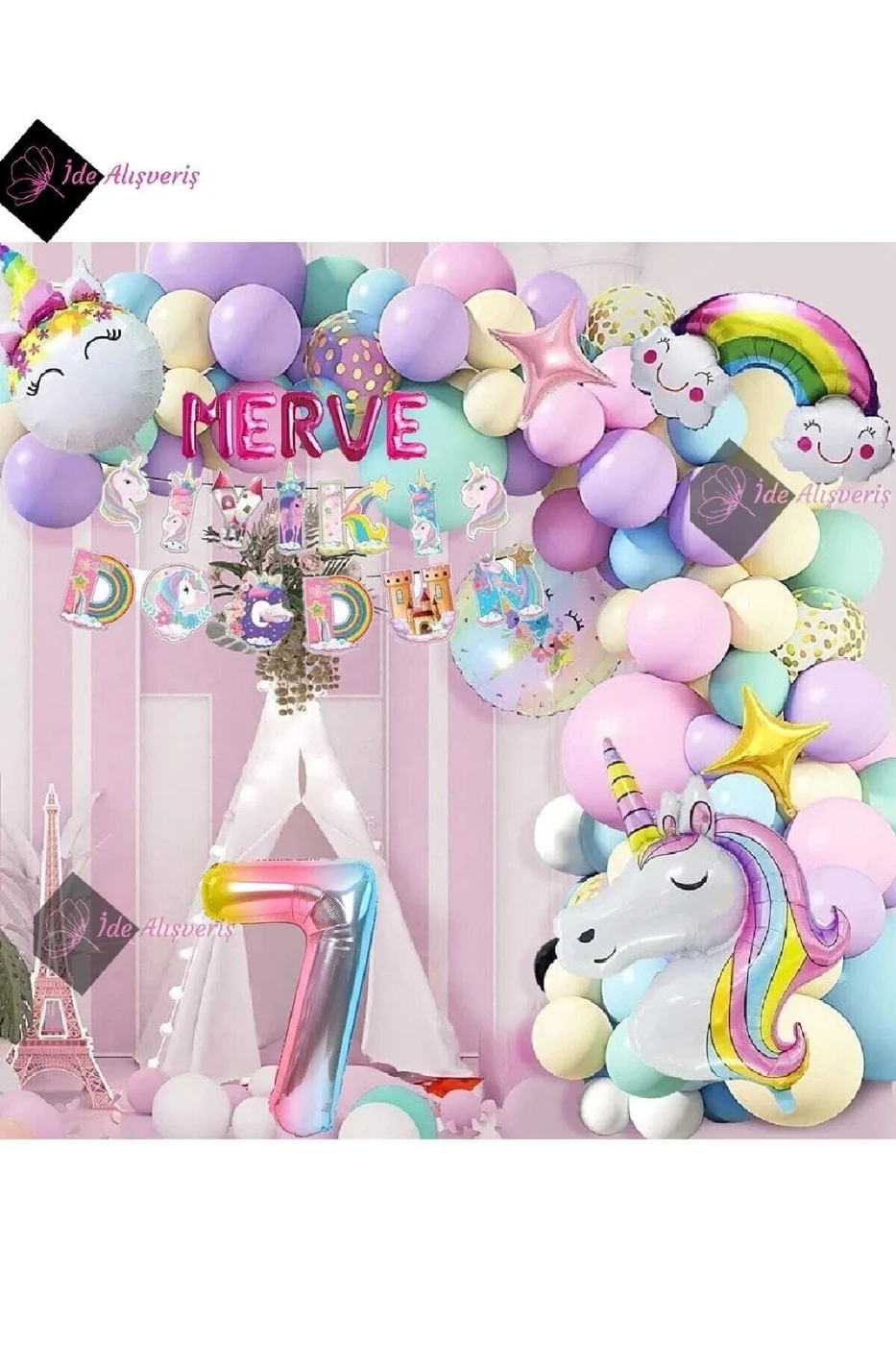 5 Harfli 7 Yaş Karakterli Unicorn Temalı Iyi Ki Doğdun Makaron Balon Doğum Günü Parti Kutlama Seti gorsel 3