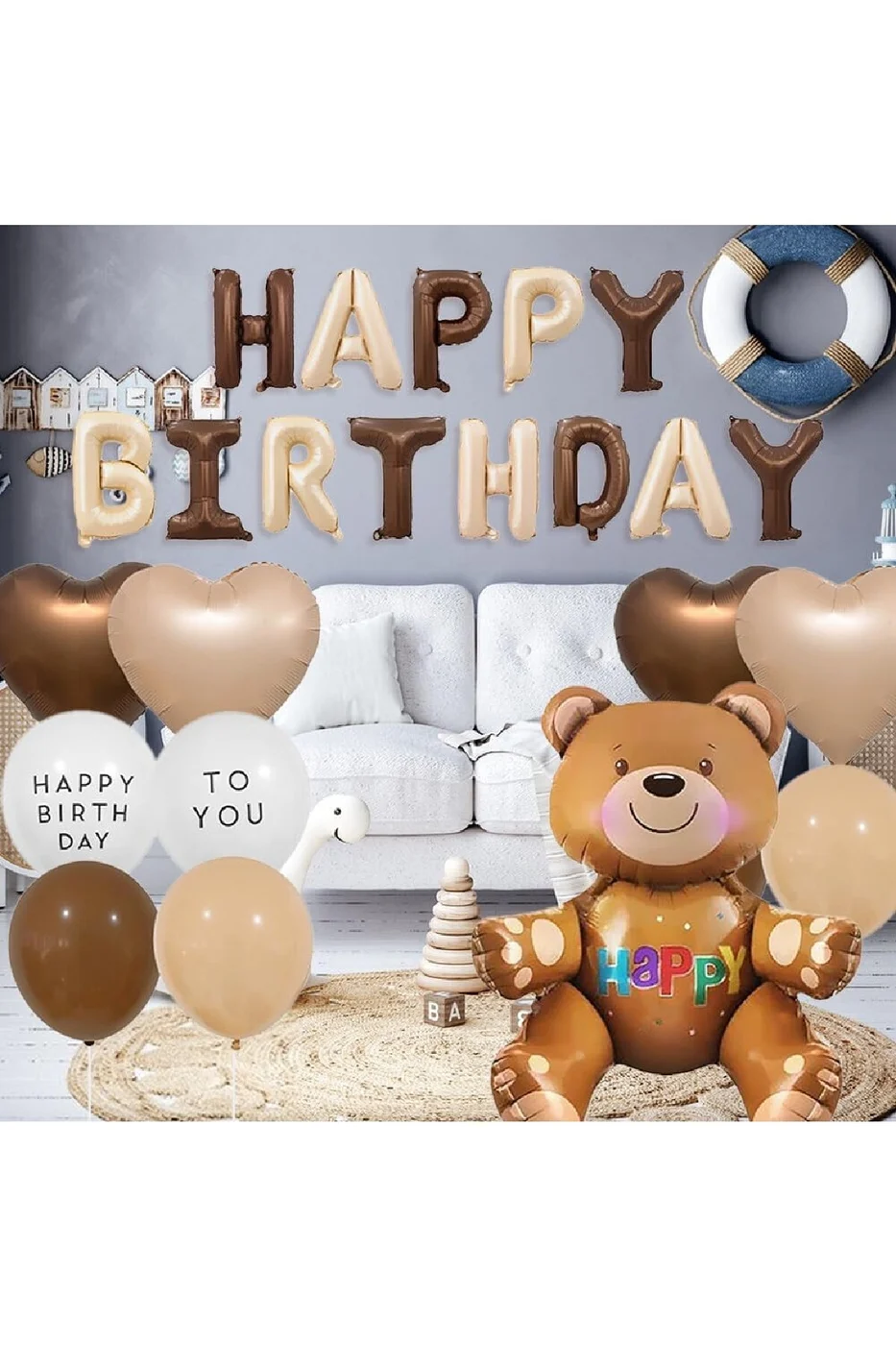 3Yaş Retro Ayıcık Kahverengi Folyolu Balon Happy Birthday Afiş Dekorasyon Doğum Günü Parti Seti Süsü gorsel 5