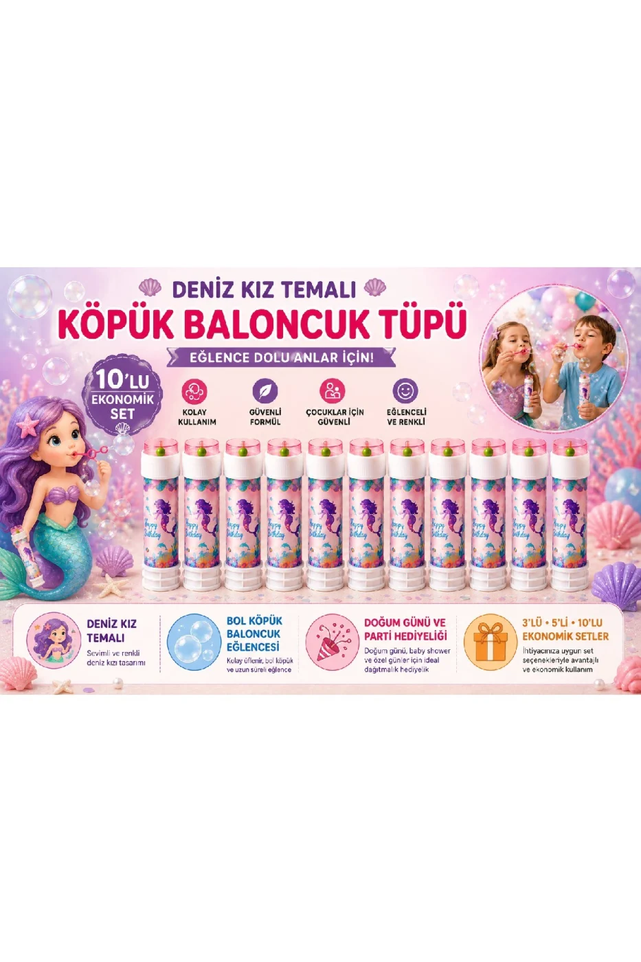 Deniz Kızı Temalı Köpük Baloncuk Tüpü 3'lü / 5'li / 10'lu Set Doğum Günü Parti Hediyeliği Bubble Oyuncağı Çocuk Baloncuk Oyuncağı gorsel 2