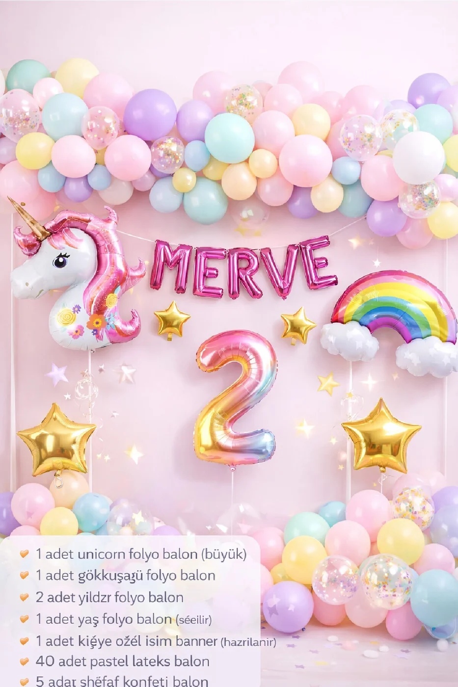 5 Harfli Kişiye Özel Unicorn Doğum Günü Süsü Pastel Balon Zinciri Gökkuşağı Unicorn Balon Parti Seti gorsel 2