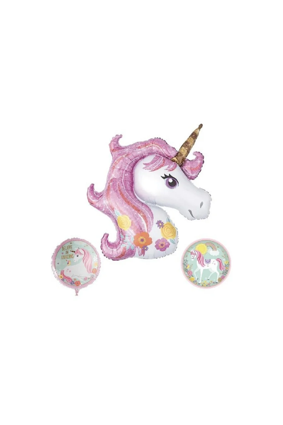 Unicorn Çiçekli 3 lü Set Folyo Balon