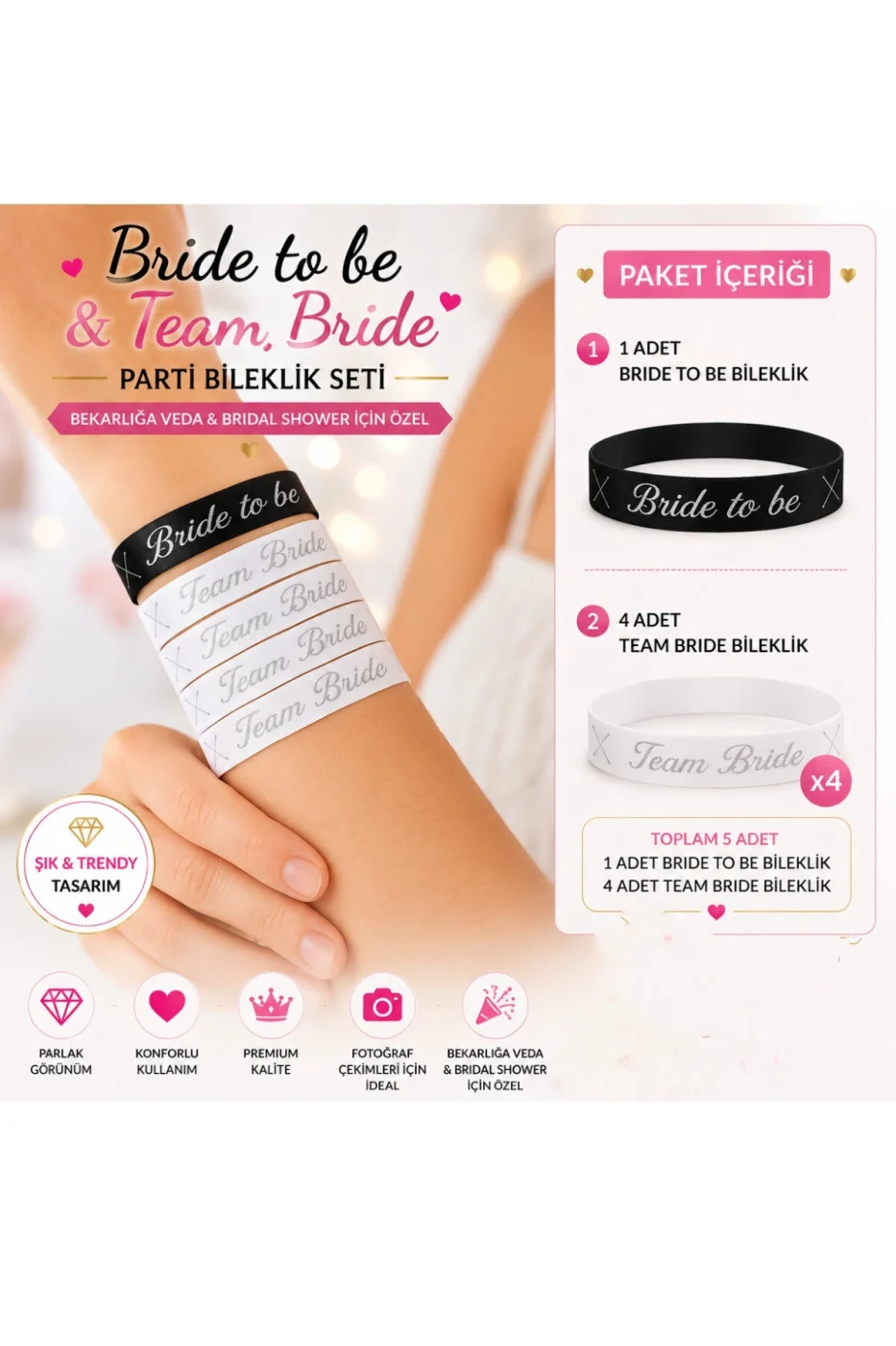 Bride To Be Bileklik Seti 5'li | 1 Bride To Be + 4 Team Bride | Bekarlığa Veda & Bridal Shower Parti Aksesuarı gorsel 3