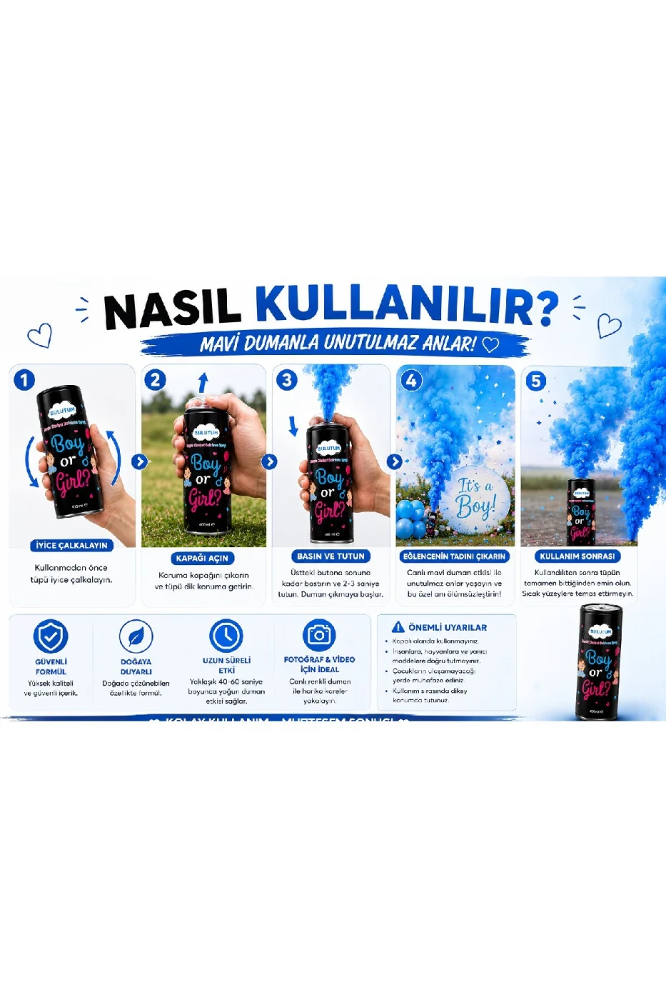 Cinsiyet Belirleme Duman Tüpü 400 ml Mavi & Pembe Gender Reveal Baby Shower Yoğun Duman Efekti gorsel 6