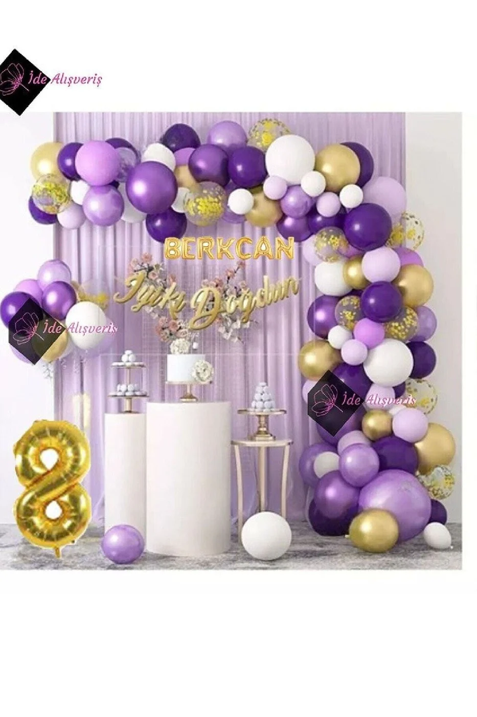 7 Harf İsimli 8 Yaş Macaron Mor Balon Zinciri Seti Gölge Mor Altın Balon Dekorasyon